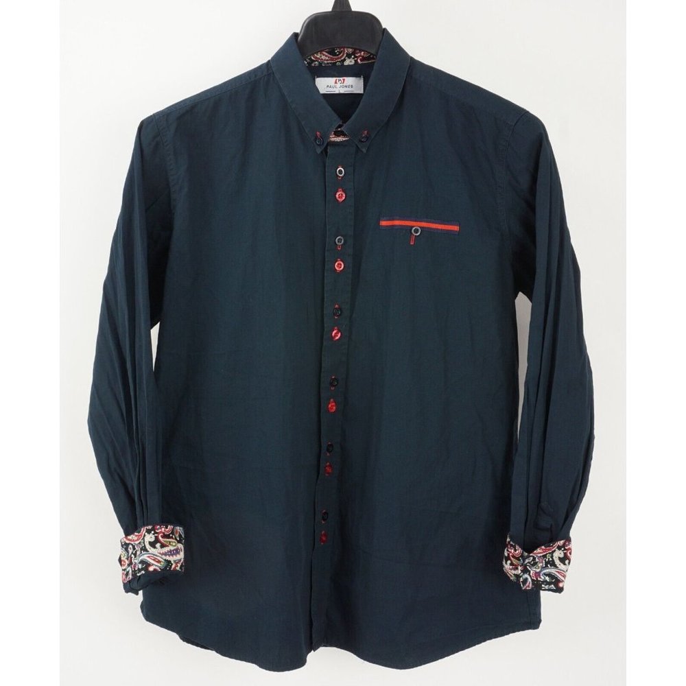 Paul Jones Men's Large Long Sleeve Paisley Flip Cuff Dark Blue Button Down Shirt